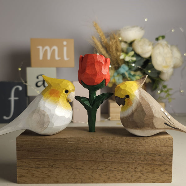 Cockatiel Couple Figurine with Wooden Rose - A Charming Valentine's Day Gift