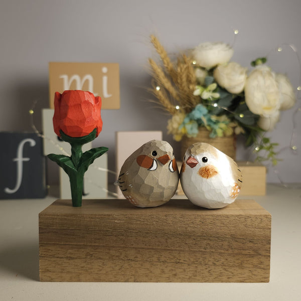 Zebra Finch Couple Figurine with Wooden Rose - An Exquisite Valentine's Day Gift