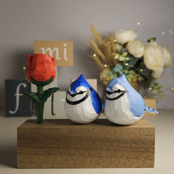 Blue Jay Couple Figurine with Wooden Rose