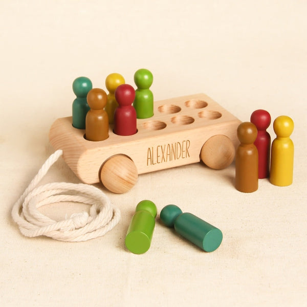 Custom Name Wooden Bus Toy with Peg Dolls